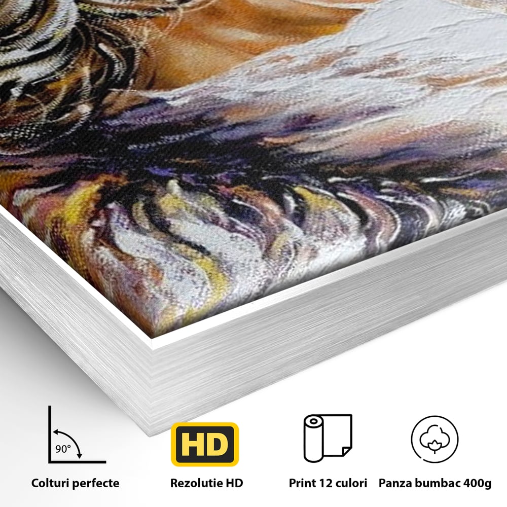 Detaliu al suprafetei: tablou canvas cu femeie privind pe fereastra, in rama de aluminiu argintiu